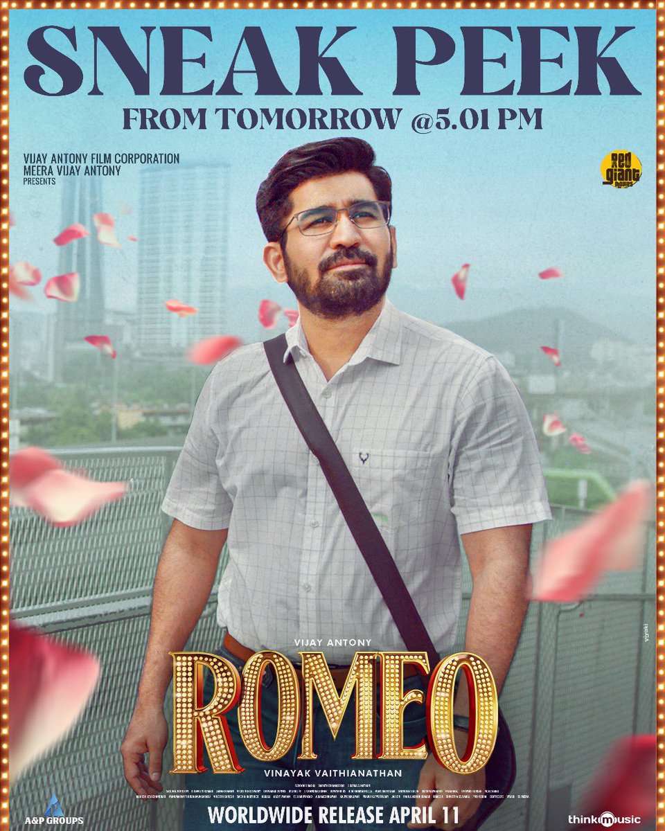 A glimpse into the world of #Romeo 

#RomeoSneakPeek releasing tomorrow at 5:01PM 

#RomeoFromApril11💥

@vijayantonyfilm @RedGiantMovies_ @aandpgroups @vijayantony @mirnaliniravi @actorvinayak_v #BarathDhanasekar @kav_pandian @prorekha @thinkmusicindia @gobeatroute