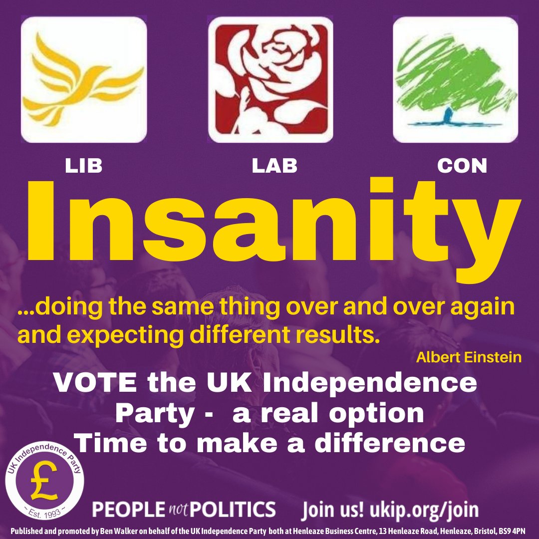 UKIP's tweet image. How many times must we repeat it? Nothing will change if voters keep rewarding the failed establishment parties. All the legacy parties must be wiped out. If you are thinking of voting #LibLabCon it is time to change your voting habits. #VoteUKIP. We want our country back.