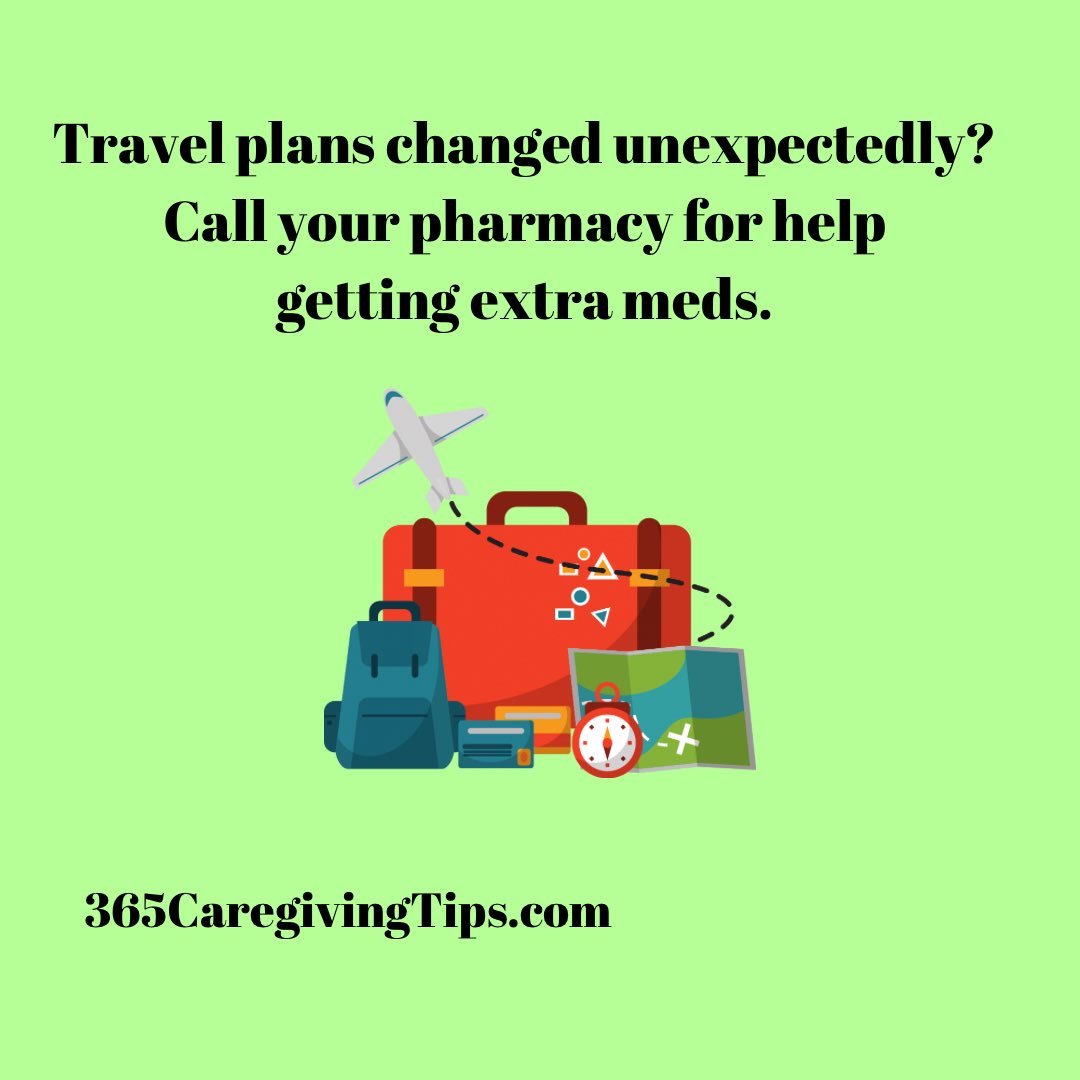 Even when you take more than enough medication for the length of your trip, sometimes things happen and your trip is extended beyond the amount of medication you have. Contact your pharmacy and work with them to get what you need. #medication #travel #caregiving