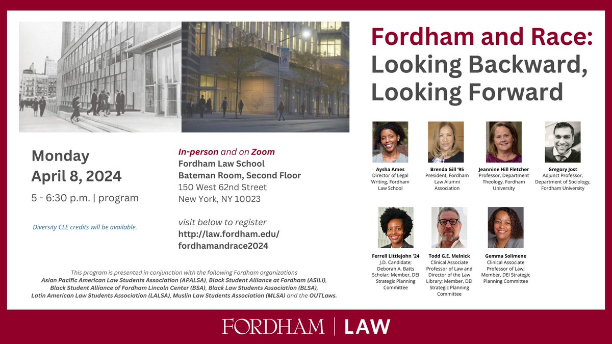 Our next event explores issues of race in Fordham's past, present, and future. We'll be in person and on Zoom! Register at law.fordham.edu/fordhamandrace…. CLE credit is available.