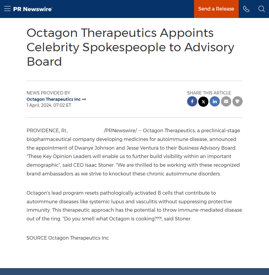 We could not be more excited to announce this important milestone. Building a recognizable brand is often overlooked by fast-growing biotech companies. This is a big step forward for <a href="/OctagonTx/">Octagon Therapeutics</a>