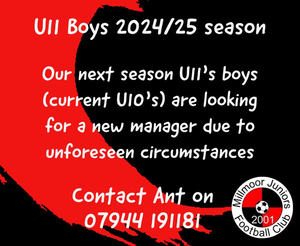 A fantastic opportunity has arisen to join our next season U11’s boys (current U10’s) who are on the look for a new manager

With fantastic facilities &amp; a friendly atmosphere Millmoor is the place to be.

A minimum of level one coaching is needed &amp; a DBS check will be carried out