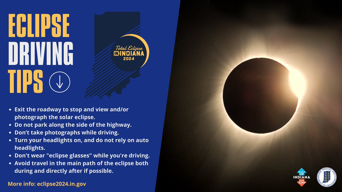 Indiana residents and visitors get to experience the total eclipse in just six short days! As we all prepare, keep these driving tips in mind to help ensure safe driving across the State on April 8, 2024!