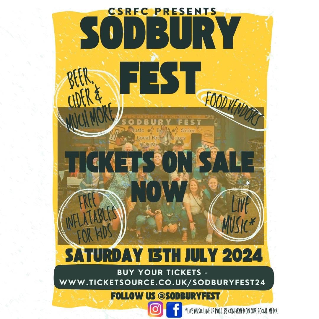 A fun packed day filled with live music including a badness tribute act, beer and cider, local food vendors and new this year free inflatable arena for the kids 🏰🎫🎉 @swsportsnews @GRFUrugby @KLBSport @CSSSch @YateAcademyPE Get your tickets here - ticketsource.co.uk/sodburyfest24