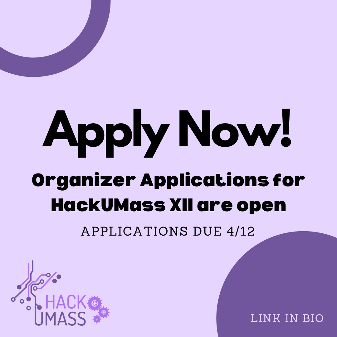 HackUMass XII Organizing Team applications are now open!🥳 Join the team to help plan our 12th annual hackathon!💻💜 Our team includes positions in Logistics, Sponsorship, Public Relations/Design, Hardware, and Tech. Applications are due April 12th @ 11:59pm. Link in Bio!⬆️