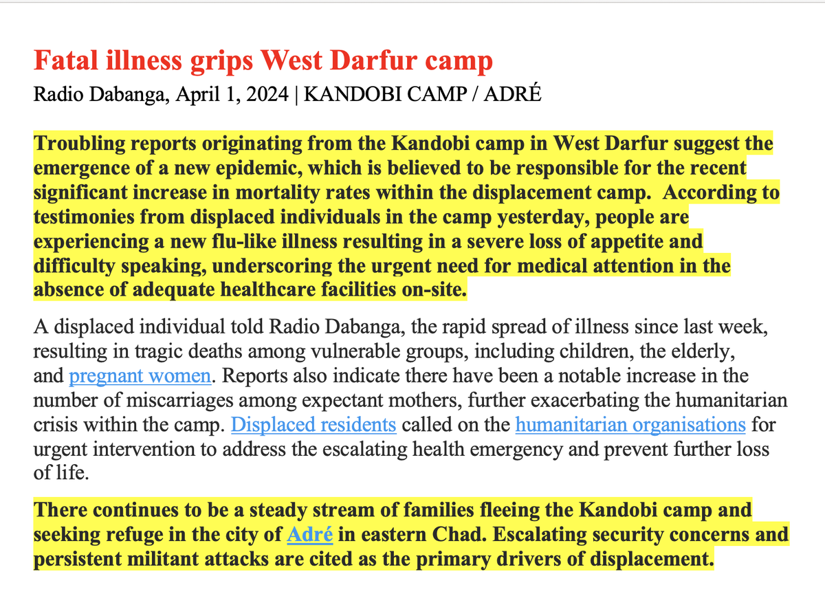 sudanreeves's tweet photo. The nexus between #RSF violence and deteriorating health conditions is clear in several recent developments in #Darfur, including this report from Kandobi IDP camp (north of #Geneina) and the RSFโs blocking of an aid convoy attempting to move south from #Mellit to El #Fasher. https://t.co/vbaSJPUazO
