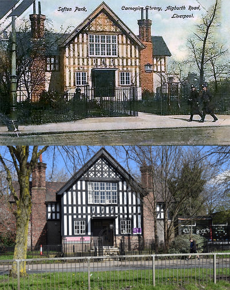 Sefton Park Library, Aigburth Road, 1910s and 2024 The library was opened in 1911 and the grounds extended forward quite a bit further, until Aigburth road was widened and the fence was pushed back