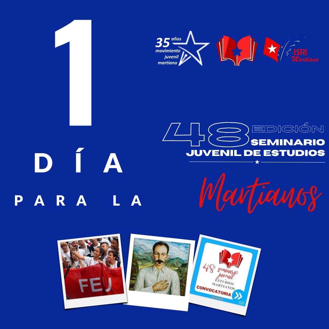 Tenemos que estar alertas, una vez más la pupila insomne de Villena debe acompañarnos, la batalla es de pensamientos...

🤩 Ya la cita está lista para celebrar mañana la 4️⃣8️⃣ edición de nuestro Seminario Juvenil de Estudios Martianos🔥✒️

📍CENTRO FIDEL CASTRO
🕐 2:00 PM