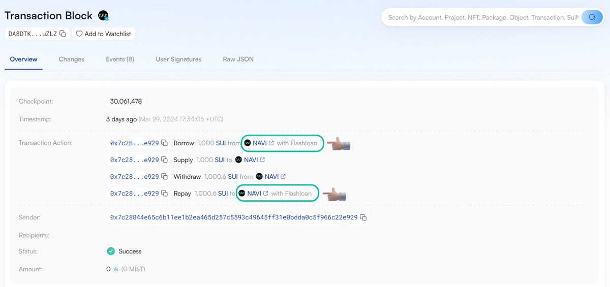 NAVI Flash Loans Tracking on @blockvisionhq Great news, Navigators 🙌 suivision.xyz has integrated flash loans smart contract tracking, making it easy for users to track their FL interactions with #NAVI Protocol Example link: bit.ly/4cACaEz