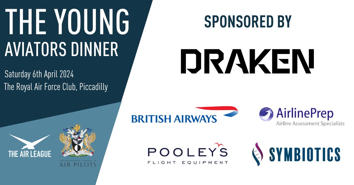 With just under a week to go until the Young Aviators Dinner 2024, the Air League and the Honourable Company of Air Pilots would like to thank the event's Sponsors: @Draken_Europe, @British_Airways, @AirlinePrep, @PooleysFE and Symbiotics. Read more here: airleague.co.uk/news/draken-eu…