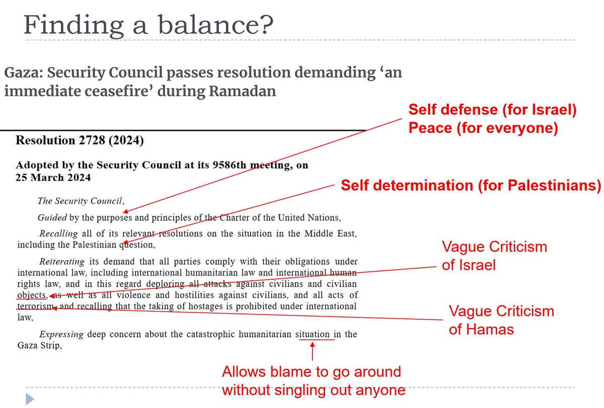 In 'Intro to International Relations', I'm using UNSC Resolution 2728 to show how states navigate the competing/contradictory claims, issues, and UN Charter rules affecting the War in Gaza.