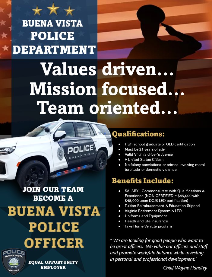 Buena Vista Police Department
#viralfacts #Virginia #policewoman #PoliceJobs #officer #rockbridgecountyva #EmployerResources #employment #JusticeForAll #crimescene #k9cop #PoliceDeployment #buenavistava #law #hiringnow #valuesmatter #EnforcementDirectorate