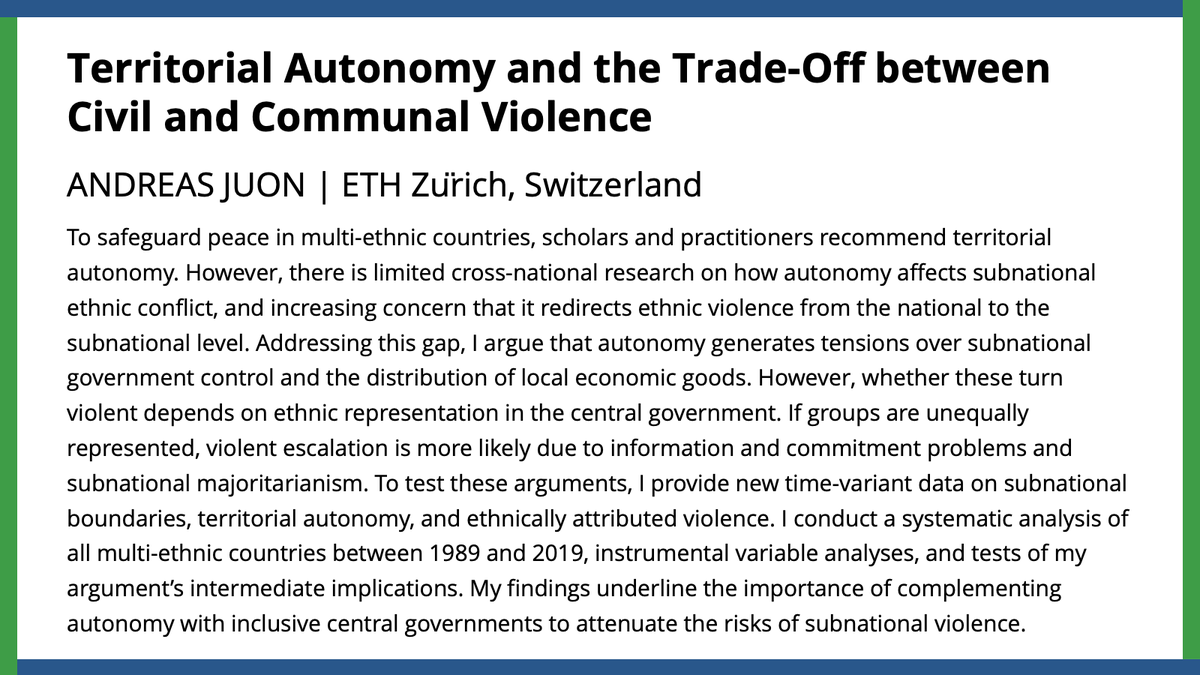 apsrjournal's tweet photo. How does autonomy affect subnational ethnic conflict &amp; when does it redirect ethnic violence to the subnational level? @andijot argues subnational tensions are more likely to escalate if representation in the central government is unequal. #APSRFirstView. 
https://t.co/xd9ZWlJlPu https://t.co/YQKo8hiPXT