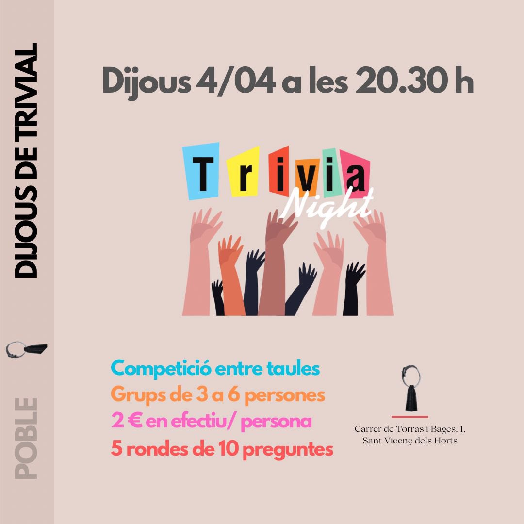leskellasvh's tweet photo. Aquest dijous 4 d’abril a les 20:30h comencem amb els 𝗗𝗶𝗷𝗼𝘂𝘀 𝗱𝗲 𝘁𝗿𝗶𝘃𝗶𝗮𝗹 𝗮 𝗹'𝗘𝘀𝗸𝗲𝗹𝗹𝗮.

Una competició entre taules en què s’hauran de respondre 5 rondes de 10 preguntes sobre diferents temàtiques.⁉️🙋‍♀️

Enllaç d’inscripció: https://t.co/TshCwTpLNq https://t.co/std7s2LPW5