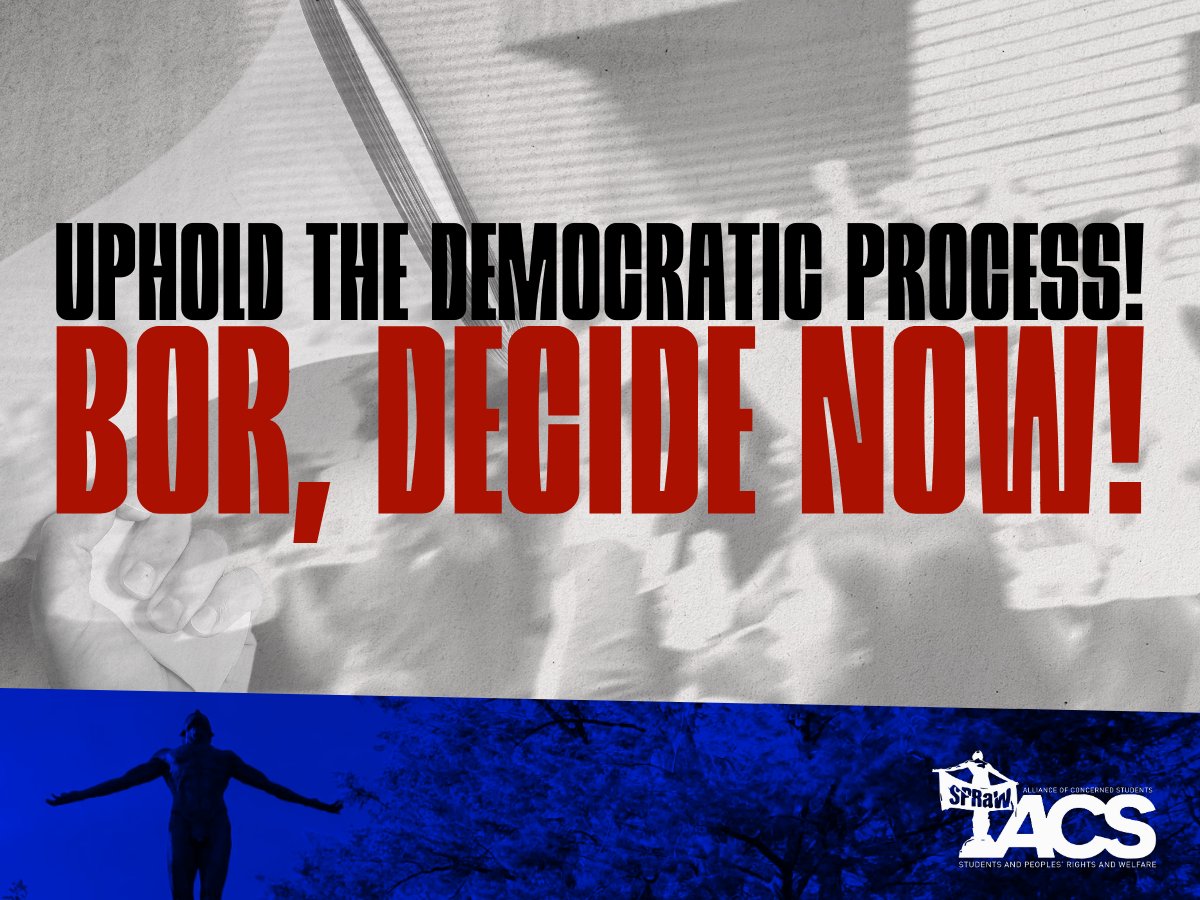 Ako si Ver mula sa @acsupb at hinahamon ko ang BOR na panghawakan at itaguyod ang demokatrikong proseso sa nangyayaring Chancellor Selection sa UP Baguio.

#BORHeedTheCall
#BORDecideNOW