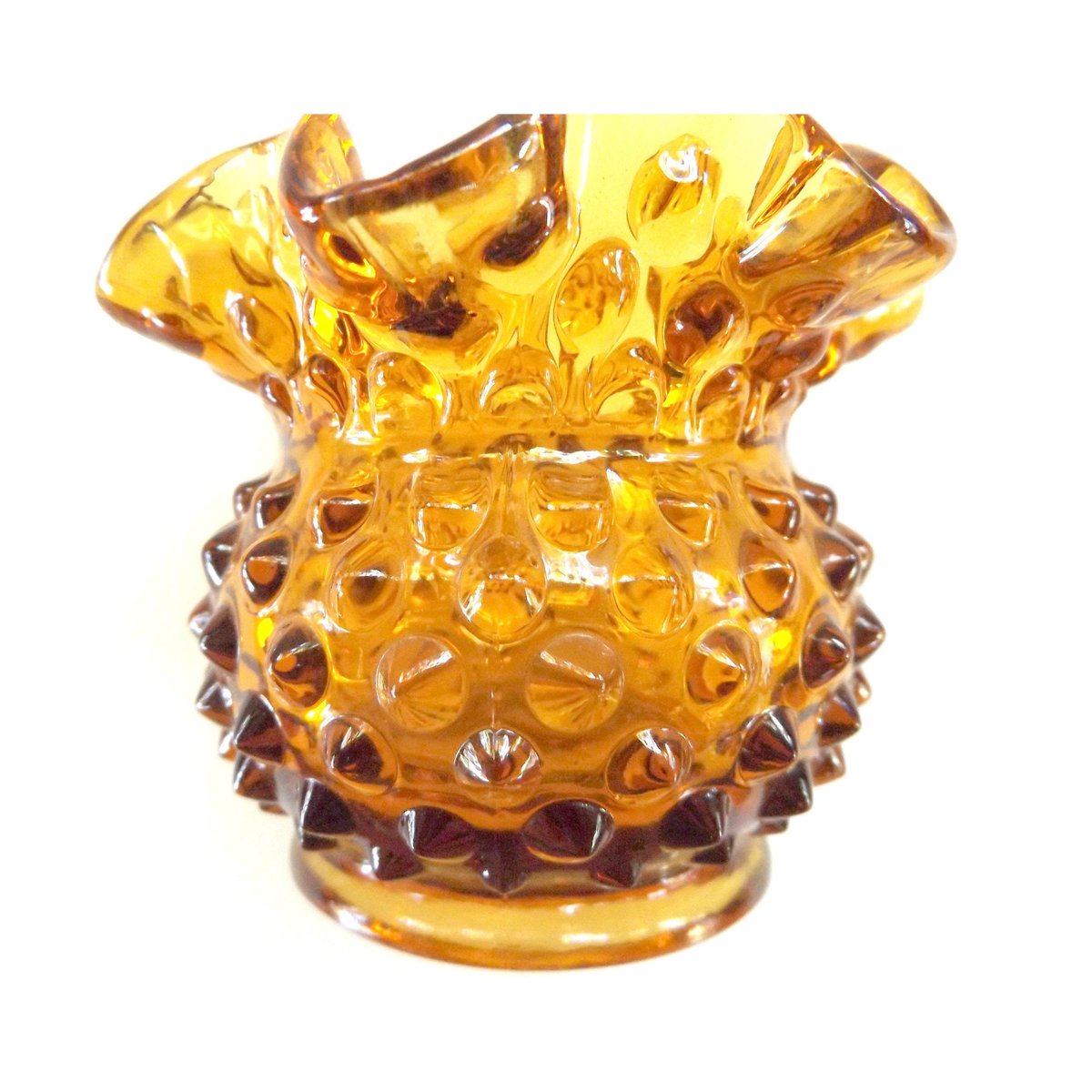Amber Glass Hobnail Crimped Rose Bowl Vase 1940s Fenton, Free Shipping tuppu.net/171283a #JunkYardBlonde #Etsy #VintageGlass