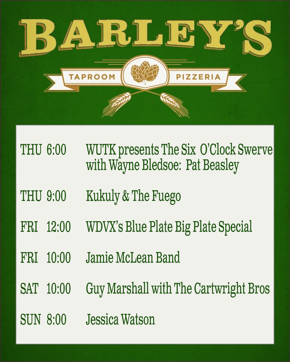 Happy Monday morning, #Knoxville! 
We had a fun weekend with you, and are ready to kick off April with some more great live music on our stage this week! 

#BarleysKnoxville #Knoxville #KnoxRocks #KnoxvilleMusic