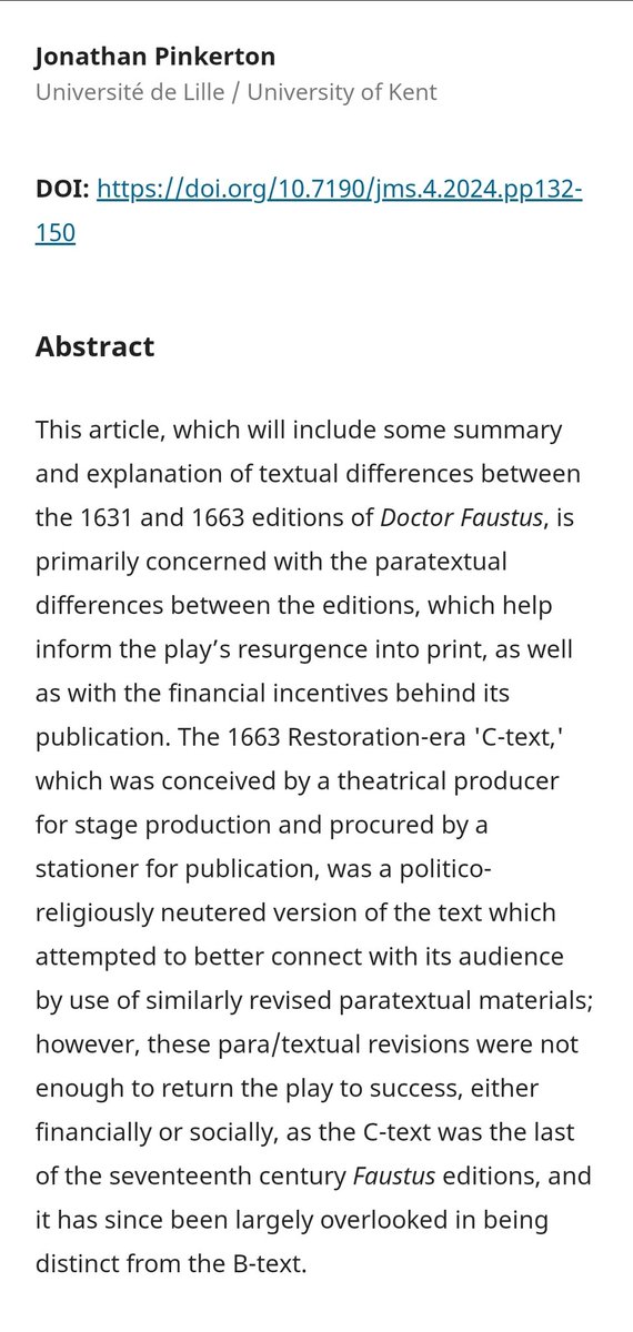 Many thanks to <a href="/Marlowestudies/">Journal of Marlowe Studies</a> for my first publication, and open access. I'm always uneasy revisiting older writing but it's better with skilled (and generous) reviewers, editors 😅🙏