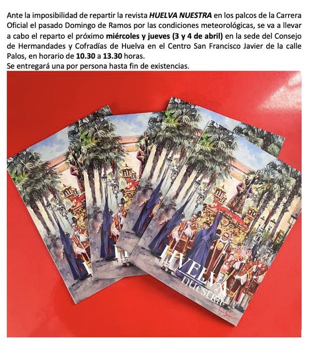🔊 𝗔𝗩𝗜𝗦𝗢‼️

Este miércoles y jueves, reparto de la revista 𝙃𝙪𝙚𝙡𝙫𝙖 𝙉𝙪𝙚𝙨𝙩𝙧𝙖 en la sede de <a href="/Conshdes_Huelva/">Consejo Hdes Huelva</a> 
 
🕰️ Entre las 𝟭𝟬:𝟯𝟬 y 𝟭𝟯:𝟯𝟬 𝗵𝗼𝗿𝗮𝘀

No te quedes sin ella! 🏃🏽‍♂️