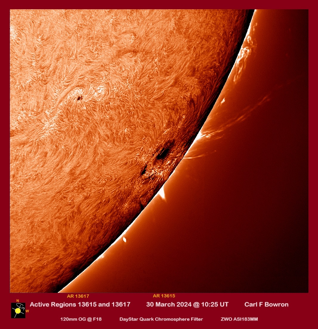 This image was captured on Saturday morning by Solar Section member Carl Bowron using a hydrogen-alpha filter. It shows sunspot group AR3615 which is approaching the solar limb popastro.com/main_spa1/sola…