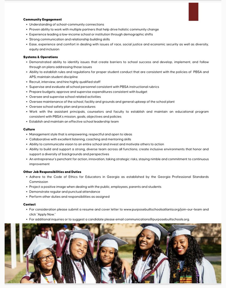 Job Posting: Principal of @carverpbsa Seeking a visionary leader to join our PBSA team! For consideration please submit a resume & cover letter to purposebuiltschoolsatlanta.org/join-our-team & click 'Apply Now.' For inquiries or candidate suggestions, email communications@purposebuiltschools.org