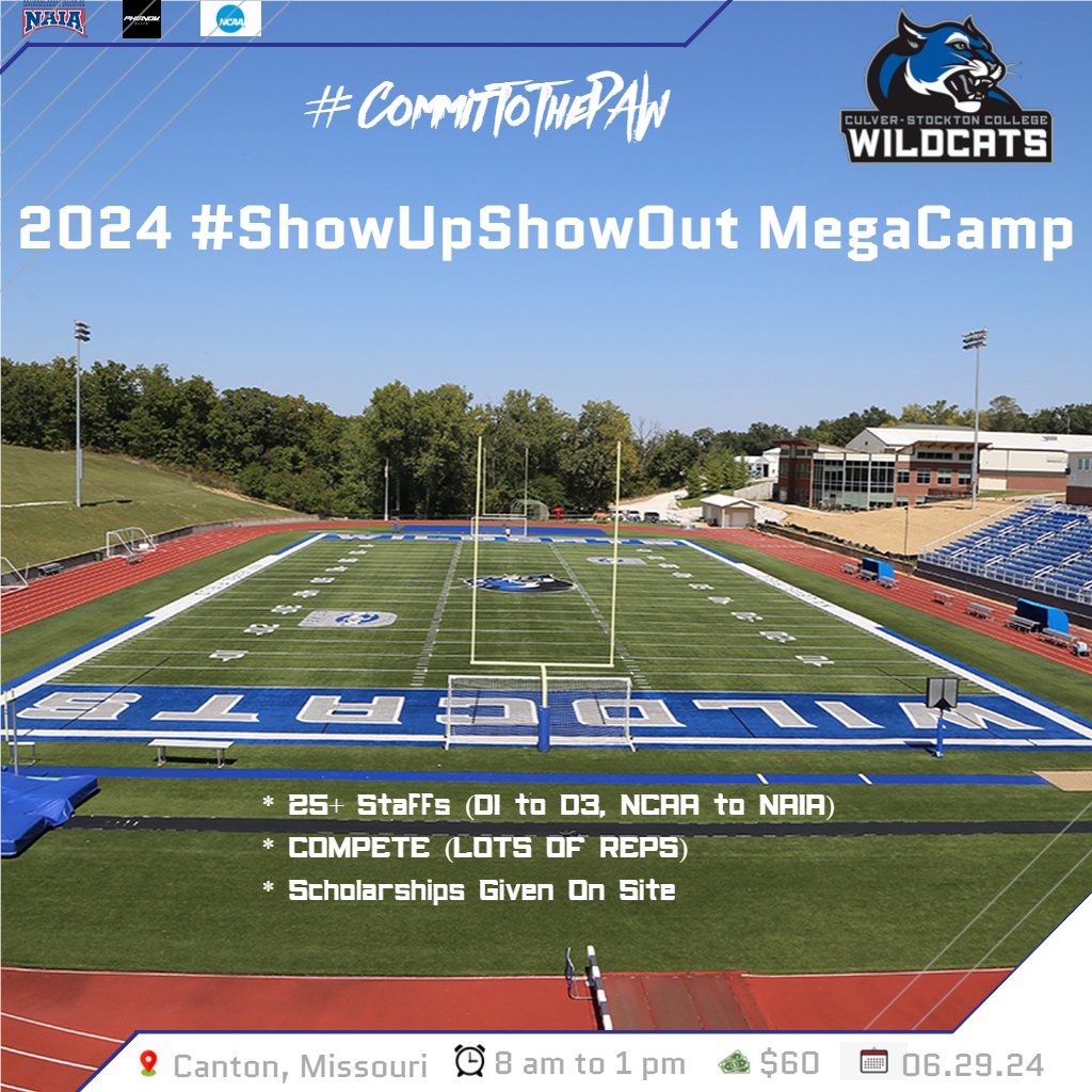 2024 #ShowUpShowOut MegaCamp Returns for 8th Annual Event! Who: Classes '25, '26, '27, '28 When: June 29th, 2024 Where: Culver-Stockton College Campus Cost: $60 Time: 8 am to 1 pm (register + event) You: COMPETE! Sign Up: myculver.com/ICS/APPLY_NOW/… #CommitToThePAW 🏈🐾😼🔵⚪️⚫️