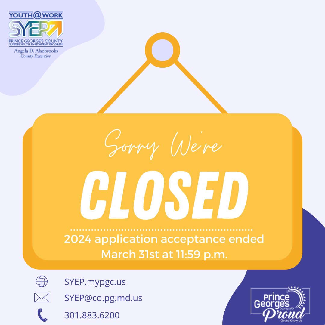 The 2024 Prince George's County Summer Youth Enrichment Program (SYEP) application period has now ended. #PrinceGeorgesProud #PGCSYEP