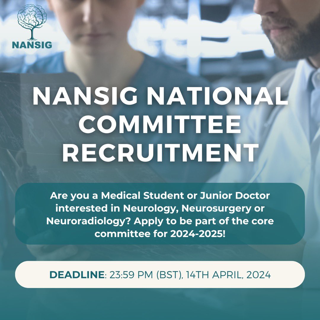 ❗NANSIG National Committee applications are NOW OPEN❗ An excellent opportunity for medical students and doctors to have a core role in one of the UK’s largest clinical neuroscience interest groups 🧠 Apply now via our Linktree 🌳 Good luck!