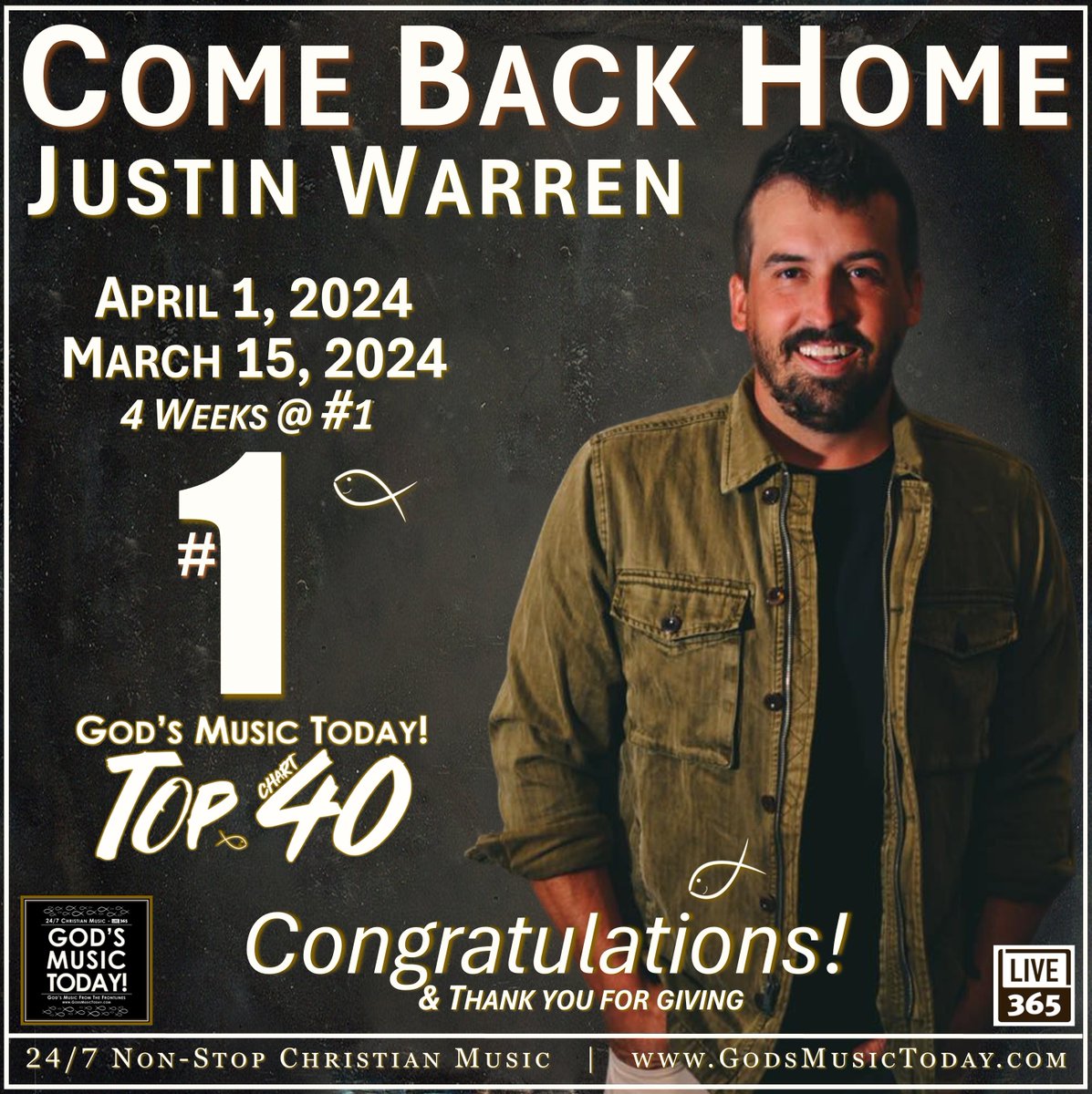 GOD'S MUSIC TODAY! "Top 40 Chart" - APRIL 11, 2024 streaming.live365.com/a47929 GodsMusicToday.com godsmusictoday.com/chartinsider
@JustinWarren <a href="/iamterrian/">TERRIAN</a> <a href="/joelvaughnmusic/">Joel Vaughn</a> @TheAllensministries <a href="/matthew_west/">Matthew West</a>