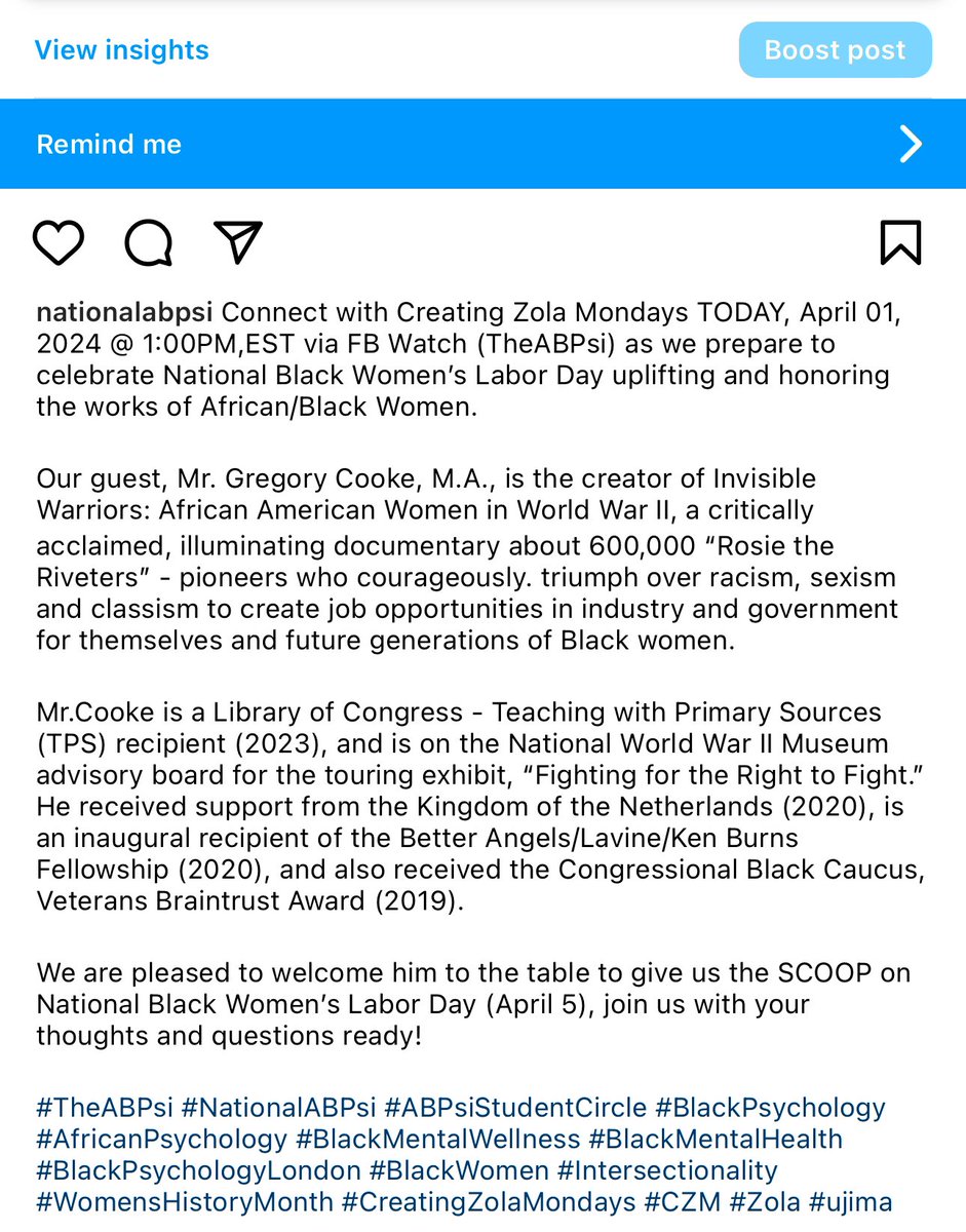 Connect with Creating Zola Mondays TODAY, April 01, 2024 @ 1:00PM,EST via FB Watch (TheABPsi) as we prepare to celebrate National Black Women’s Labor Day uplifting and honoring the works of African/Black Women. #TheABPsi #NationalABPsi #ABPsiStudentCircle #BlackPsychology #CZM