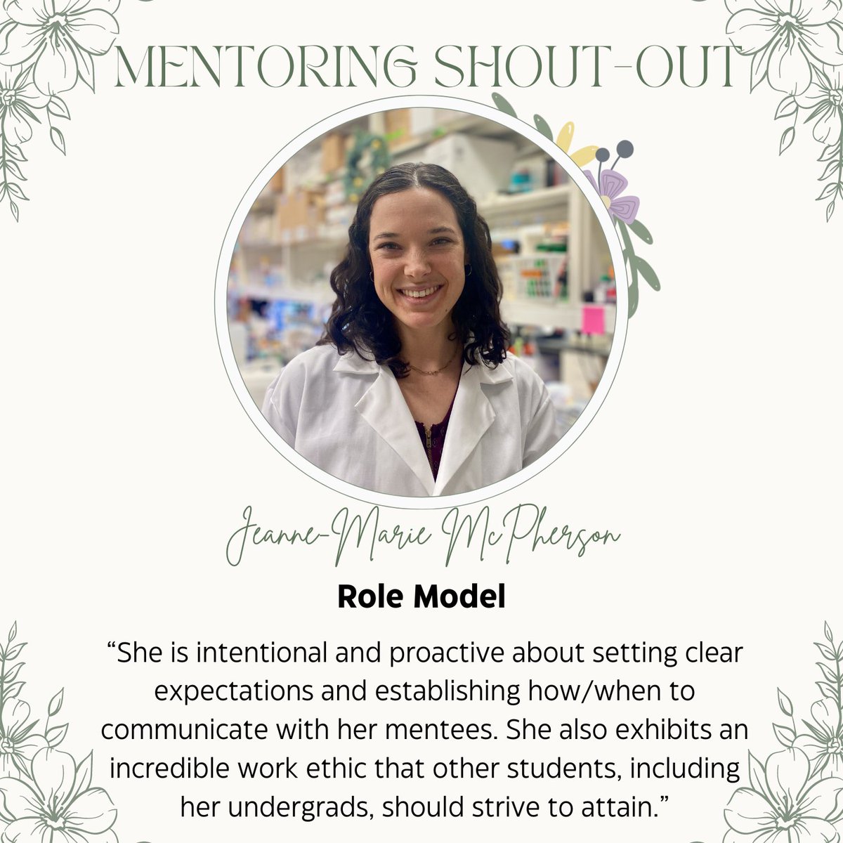 To start off our next week of mentoring shout-outs, we're honoring @gene_marie_3, PhD Candidate in @UNC_GMB. Jeanne-Marie was nominated for serving as a strong role model to her mentees.