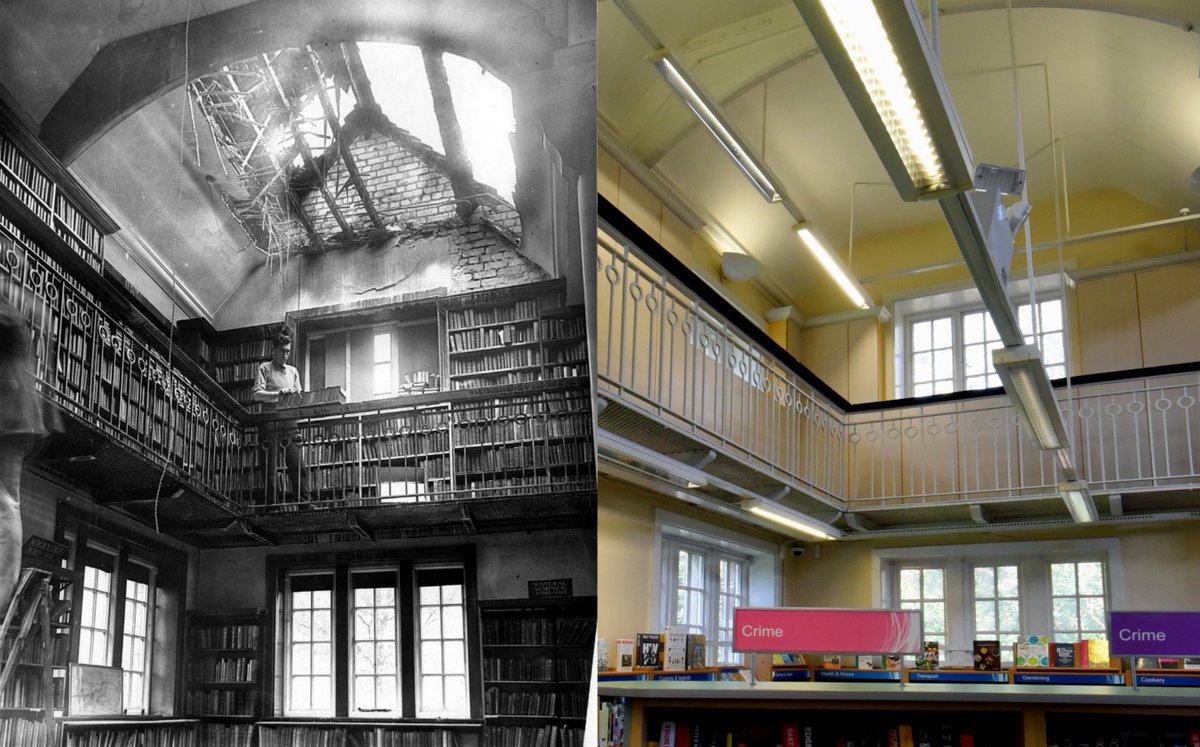 Sefton Park Library, Aigburth Road, 1940 and 2024 'September 30th 1940. The day after part of the roof was damaged by a German bomb. Librarian Mr Charles Scott, sorting out the mess!' - Sefton Park Library History Wall