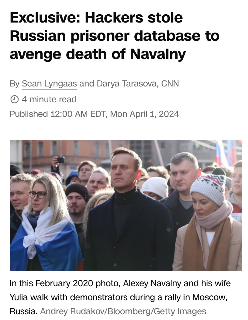 New —> Hours after Alexey Navalny’s death, vigilante hackers stole data on 800K Russian prisoners and their contacts, changed prices for food in prison commissary to 1 ruble, according to data shared with CNN and statements from the commissary cnn.com/2024/03/31/pol…