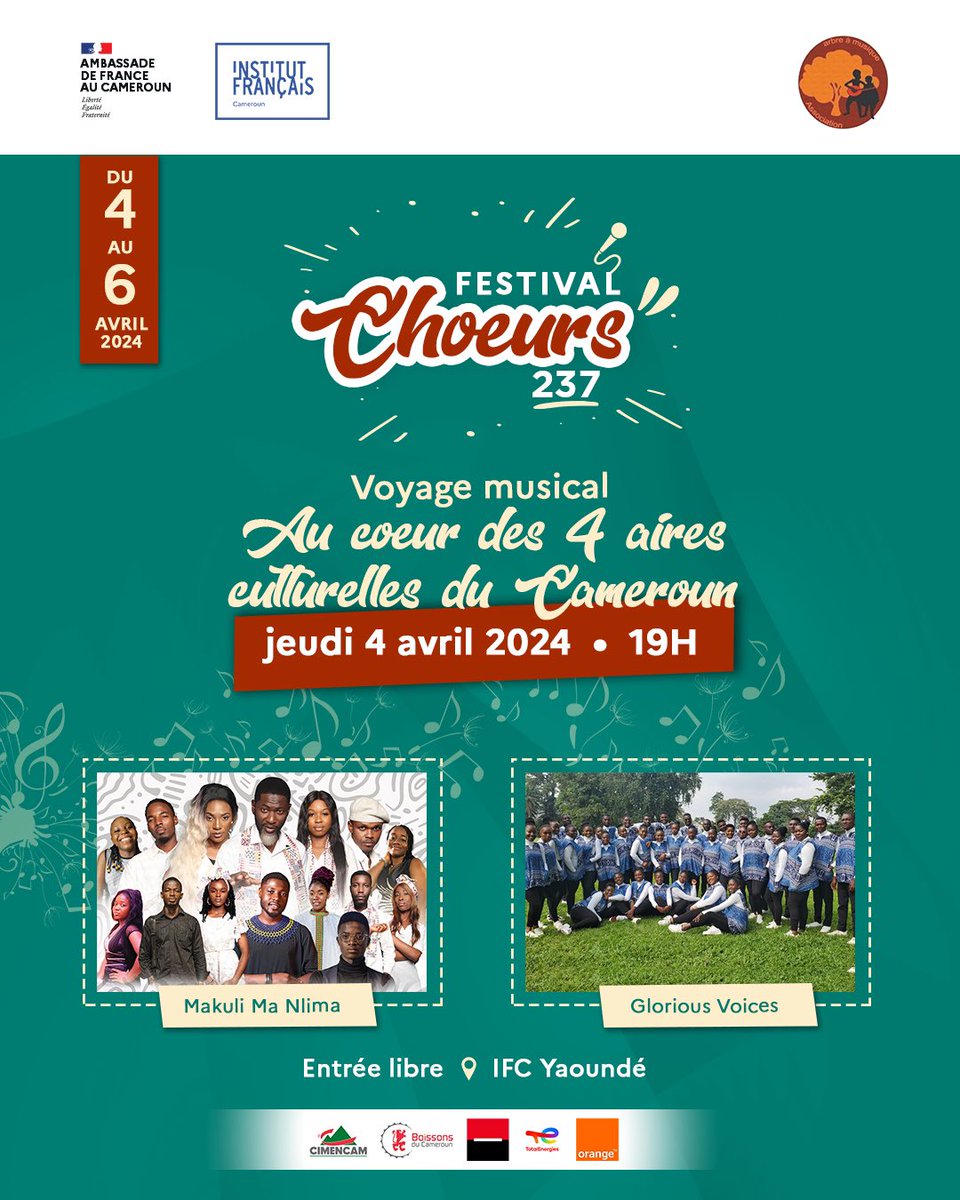IFCameroun's tweet photo. 🎤 Ouvrons le mois d’avril en beauté avec le  #FestivalChoeurs237 ✨

🔅Du 4 au 6 avril 2024 à l’IFC Yaoundé, venez vivre 3 soirées musicales inédites aux sonorités et rythmes d’ici et d’ailleurs avec notre belle sélection de chorales. ❤️‍🔥

🔍 Au programme : https://t.co/8rMZVxTbdZ