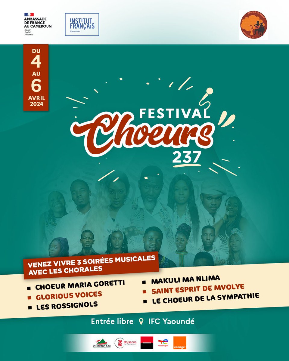 IFCameroun's tweet photo. 🎤 Ouvrons le mois d’avril en beauté avec le  #FestivalChoeurs237 ✨

🔅Du 4 au 6 avril 2024 à l’IFC Yaoundé, venez vivre 3 soirées musicales inédites aux sonorités et rythmes d’ici et d’ailleurs avec notre belle sélection de chorales. ❤️‍🔥

🔍 Au programme : https://t.co/8rMZVxTbdZ