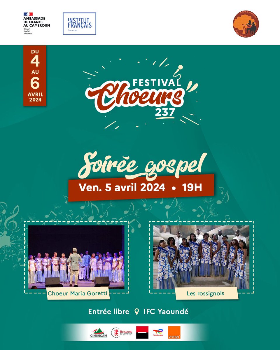 IFCameroun's tweet photo. 🎤 Ouvrons le mois d’avril en beauté avec le  #FestivalChoeurs237 ✨

🔅Du 4 au 6 avril 2024 à l’IFC Yaoundé, venez vivre 3 soirées musicales inédites aux sonorités et rythmes d’ici et d’ailleurs avec notre belle sélection de chorales. ❤️‍🔥

🔍 Au programme : https://t.co/8rMZVxTbdZ
