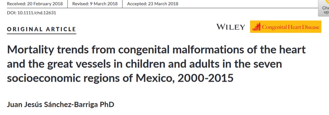 ☠️Mortalidad México por CC 2000 -2015 ☠️👶72.8% < 1 año CC con mayor ☠️ 62% sin diagnóstico preciso‼️ 5% PCA 4% T4F 3% CIV mortalidad 4 por cada 100 mil (previo 3.4/100k) ❌en <1 año: ⬆️ de 143 a 217 por cada 100k Quizás por ⬆️ en diagnóstico DOI: 10.1111/chd.12631 #CHD