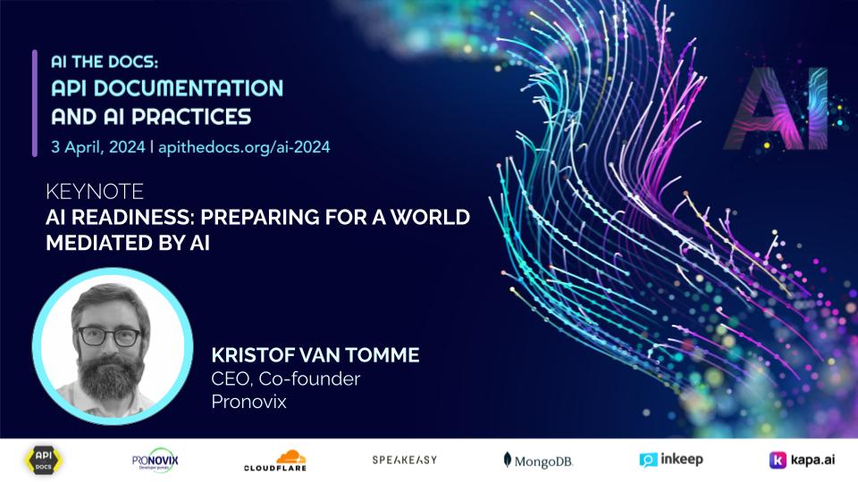 pronovix's tweet image. Keynote presentation by @kvantomme at #AITheDocs in 2 days 💥
What are the direct and indirect effects of #LLMs gaining mainstream adoption?
Kristof will explore 3 predictions and their impact on #APIdocumentation. Join the conference on Wednesday!
🎟️ ti.to/pronovix/ai-th…