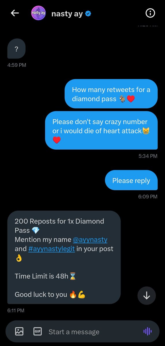 Guys please me to get 200 retweets for a diamond pass from @ayynasty ....will follow everyone who retweets &amp; will give friendlink of my main to  5 random people who retweets
#ayynastylegit