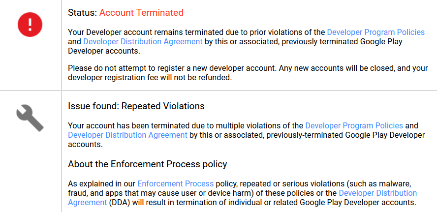 Hey @GooglePlayBiz there seems to be a misunderstanding! My Play console acc was terminated for policy violations, but this is my first account & I haven't broken any rules. I wasn't given any warnings either. Could you pls investigate? Ticket: 8-2099000036291 Thanks! #AppDev