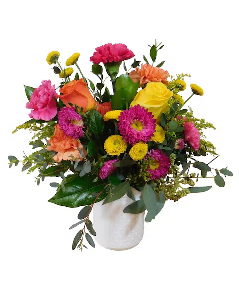🌷💐 Welcome April with 'Serendipity,' our delightful arrangement that blends hot pink, yellow, and orange flowers into a tapestry of cheer.  Housed in a white hobnail vase, it's the perfect surprise!

#aprilflowers #watsonsflowers #azflorists #floralart #mesa #tempe #gilbert