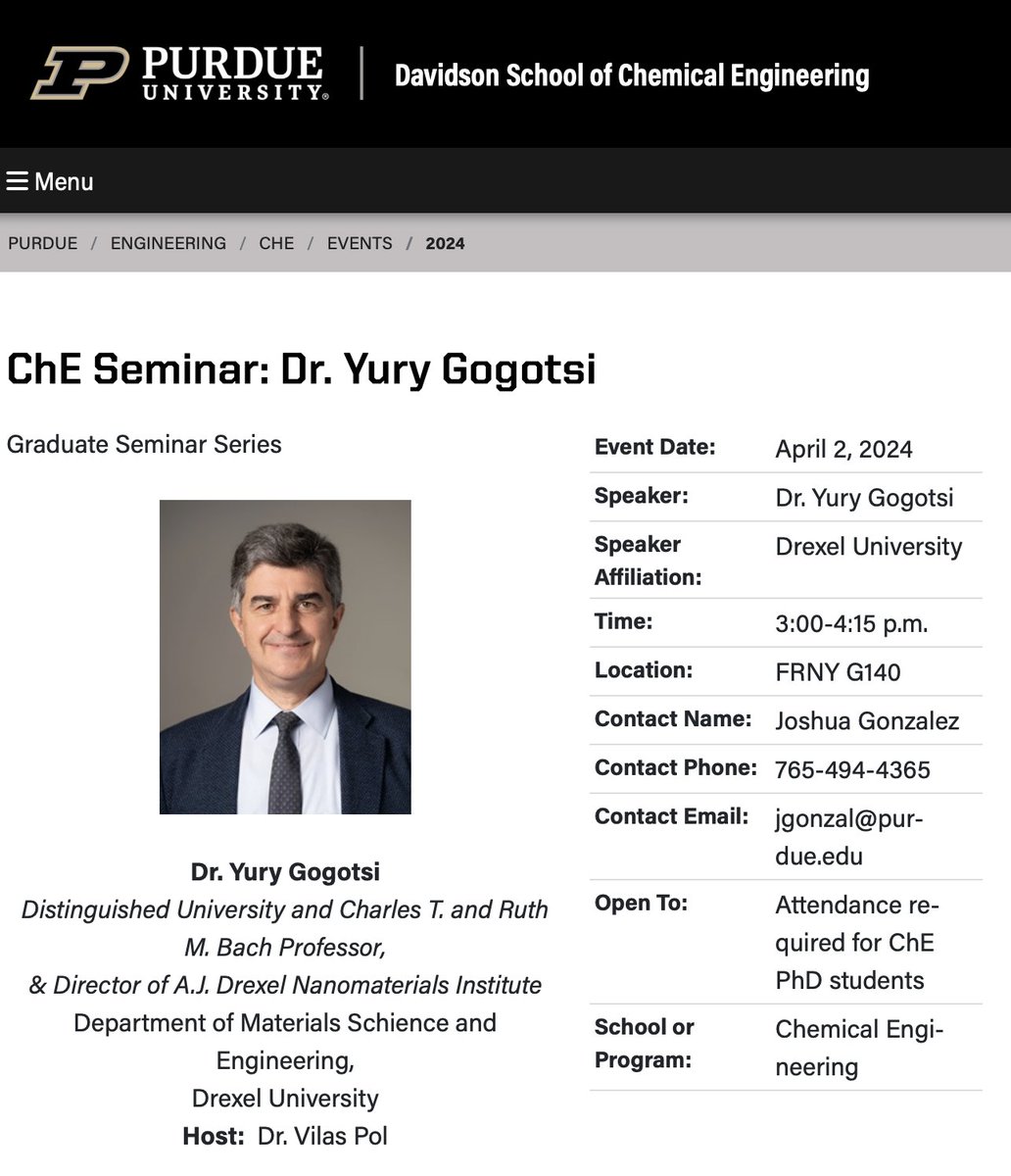 Honored to deliver a Chemical Engineering seminar about #MXenes at the top engineering school in the US, Purdue University: engineering.purdue.edu/ChE/events/202…