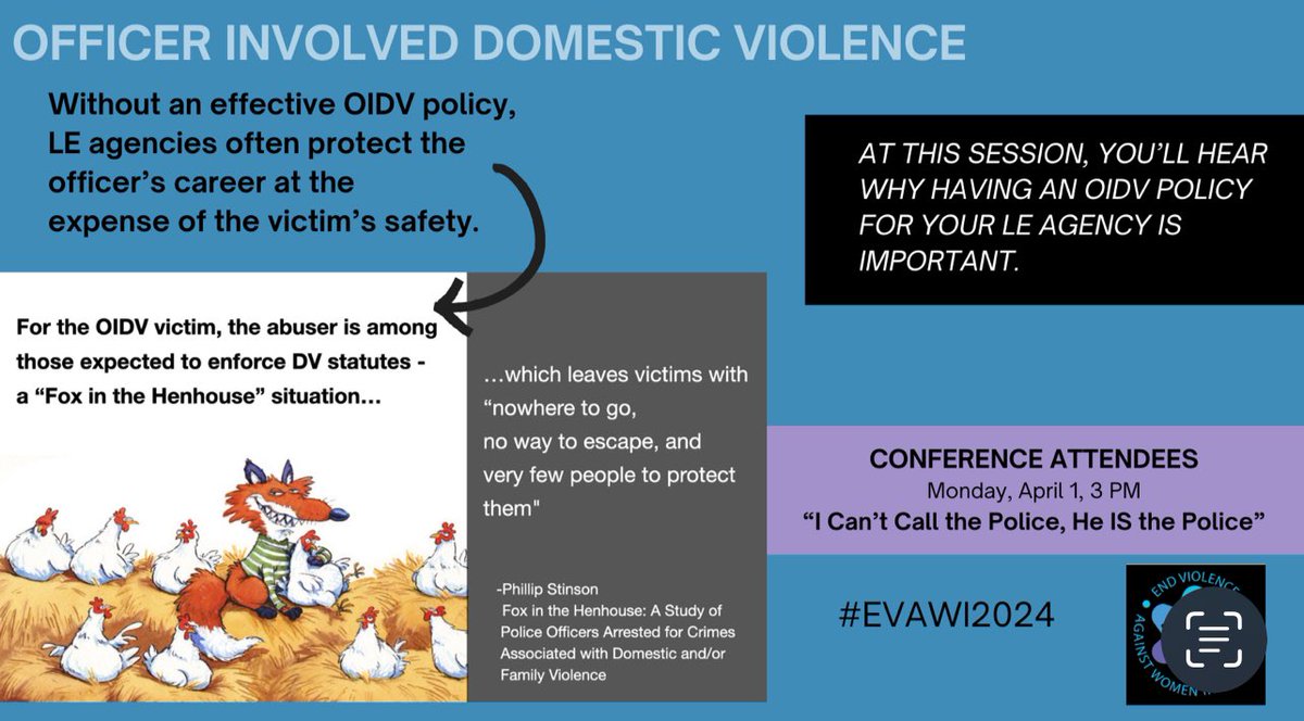 #evawi2024 attendees, come to “I can’t call the police, he IS the police” today! Don’t miss hearing Mark Wynn share his expertise on OIDV. See film clips from @NOLMovie. OIDV from victim’s perspective, learn how law enforcement & advocates can work together to keep victims safe.