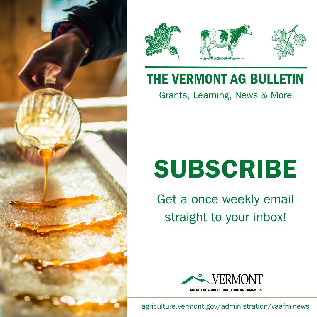 Are you subscribed to the Vermont Ag Bulletin? The Bulletin puts all things agriculture in your inbox every Sunday evening. Get a weekly, ad-free email with the latest grants, learning, news & more! SUBSCRIBE: buff.ly/3BSl05d #Vermont #Agriculture #VTAg