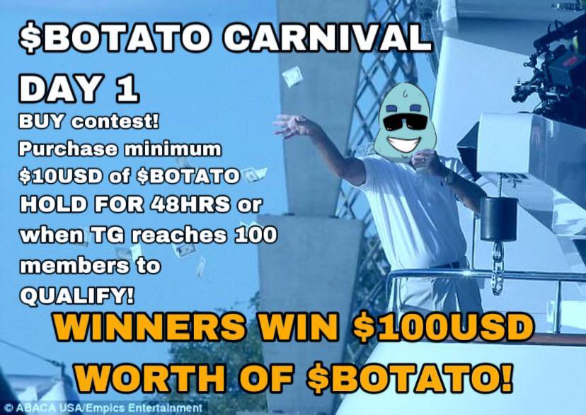 Tommy (@tommythechad) on Twitter photo <a href="/jessepollak/">jesse.base.eth</a> <a href="/base/">Base</a> DAY 1 of $BOTATO carnival
BUY contest. Purchase a minimum of $10USD in $BOTATO and hold for 48hours or when TG reaches 100 members to qualify.
Winner will be randomly selected and be walking away with $100 in $BOTATO
t.me/okbotato <a href="/okbotato/">BOTATO on @Base</a> <a href="/jessepollak/">jesse.base.eth</a> <a href="/base/">Base</a> DAY 1 of $BOTATO carnival
BUY contest. Purchase a minimum of $10USD in $BOTATO and hold for 48hours or when TG reaches 100 members to qualify.
Winner will be randomly selected and be walking away with $100 in $BOTATO
t.me/okbotato <a href="/okbotato/">BOTATO on @Base</a>