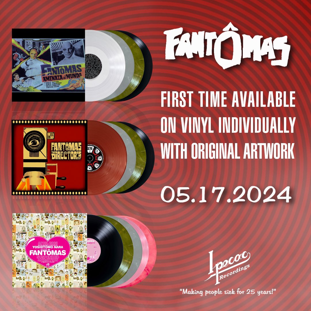 Happy birthday to us! To start our 25th Anniversary celebrations, we’ve got FANTÔMAS VINYL REISSUES coming MAY 17TH to stores everywhere! Pre-order at ipecac.lnk.to/fantomas