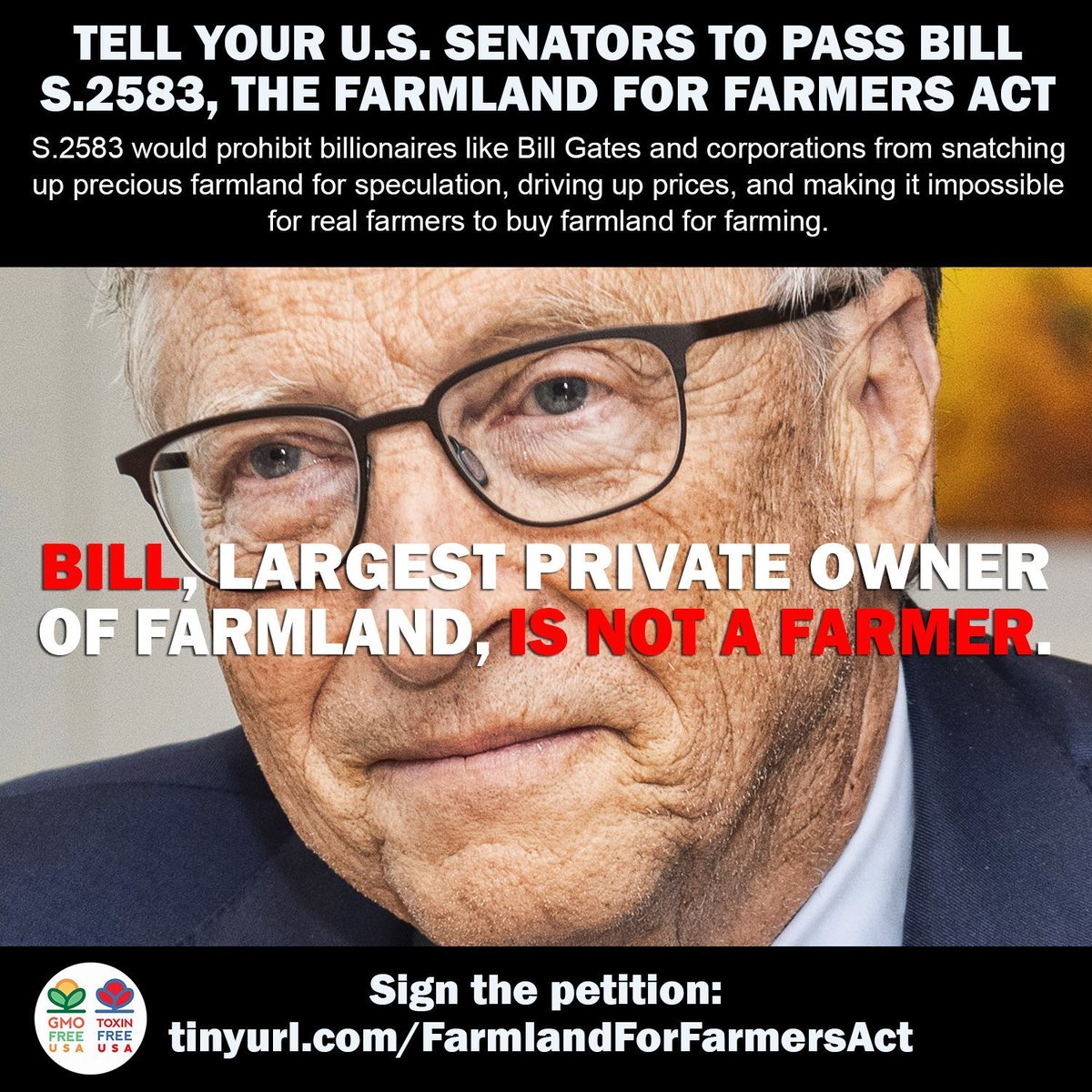 Keep farmland in the hands of real farmers! Sign our petition to Bill Gates if you agree that multibillionaire farmland ownership is a problem: tinyurl.com/BillGatesFarml… More importantly, urge your Senators to support the Farmland for Farmers Act: gmofreeusa.salsalabs.org/s2583farmlandf…