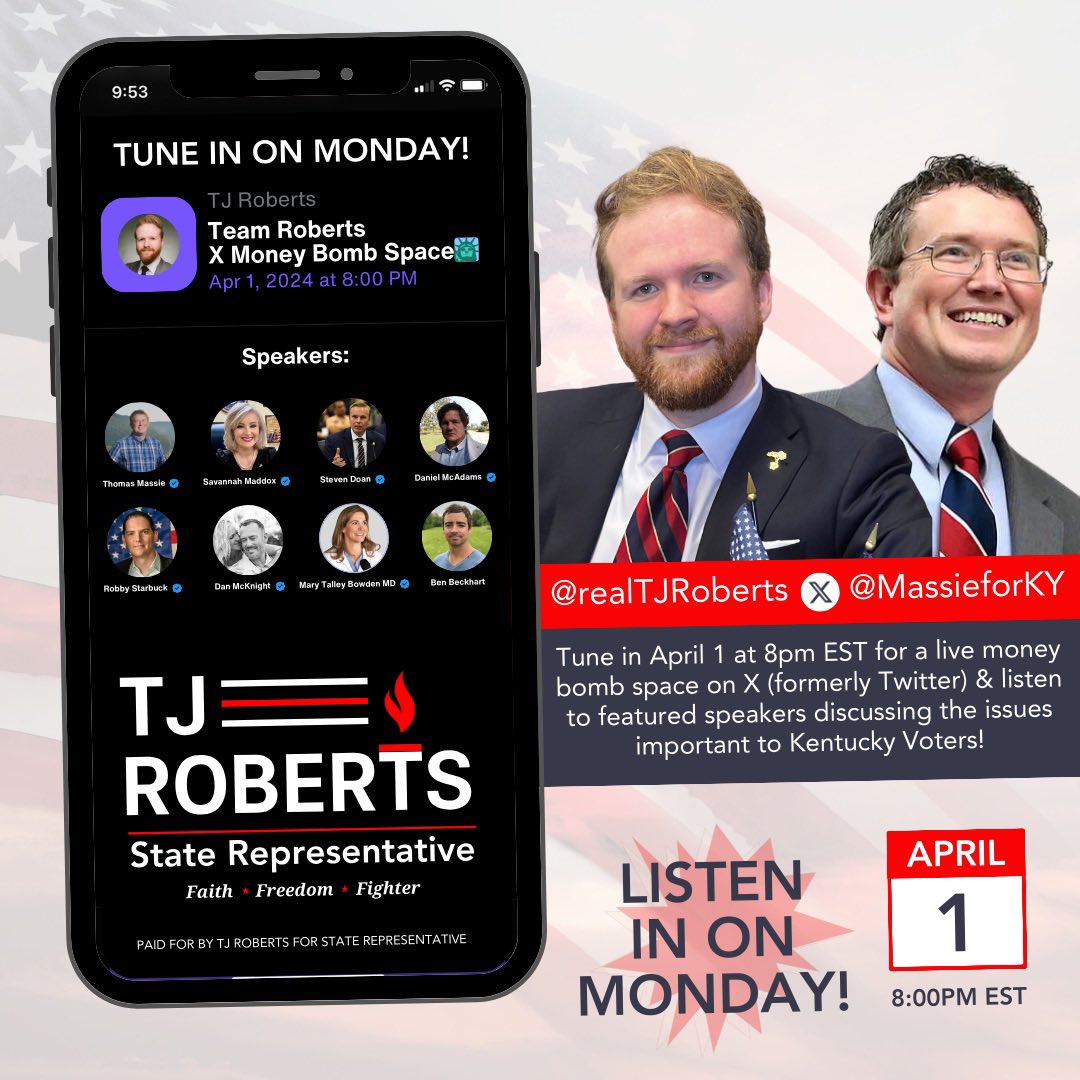 🚨 Today 🚨 The Moneybomb space for my campaign is today at 8 pm ET! Tune in and come with questions! Featuring @MassieforKY, @NatlGunRights, @TDRColorado, @robbystarbuck, @SavannahLMaddox, @SteveDoanLaw, @DanMcKnight30, @MdBreathe, @Ben_Beckhart x.com/reeseonable/st…