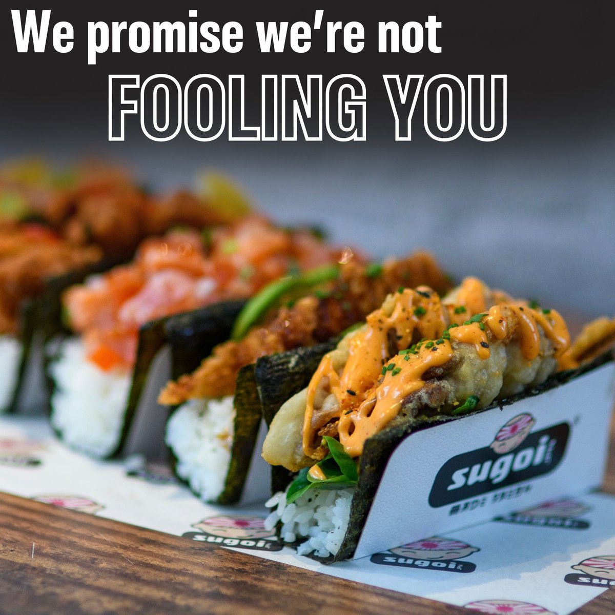 Sugoi_Fusion's tweet photo. We promise we’re not ‘fooling’ anyone when it comes to our ‘Noritacos’… Yes, they really are a fusion of a taco🌮 and sushi!🍣 
Japanese fusion cuisine gives you a taste of culinary expertise from multiple cultures, all in one dish. 
https://t.co/6rZMiEmEga https://t.co/HU3OaxaEk5