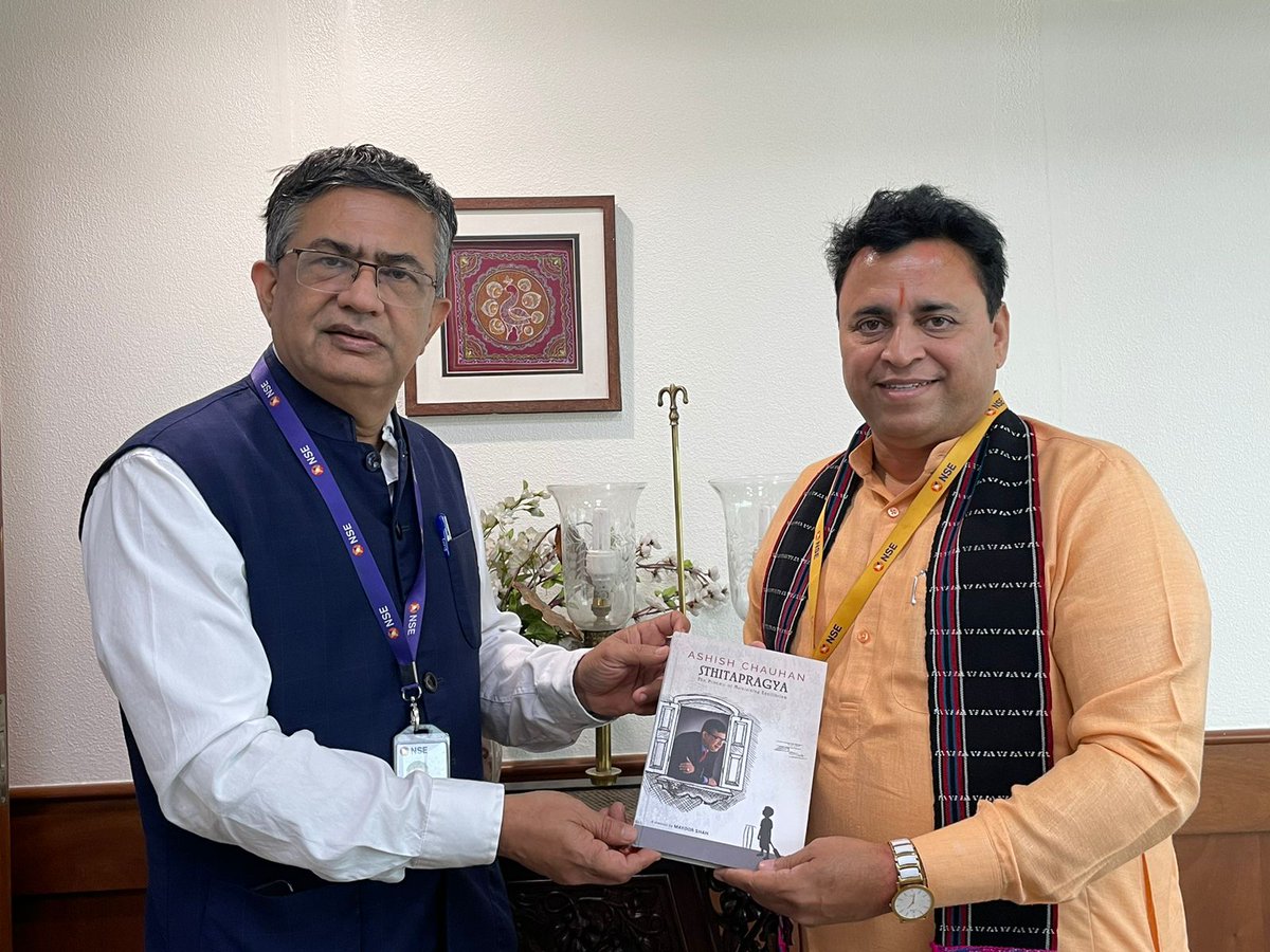 Privileged to receive the biography 'Stithapragya' from @NSEIndia’s MD & CEO @ashishchauhan Ji. His journey is a beacon of hope & determination for the younger generation.